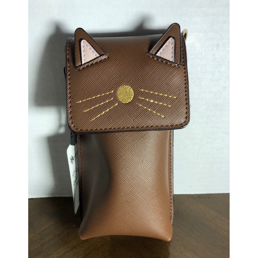 Brentano Brown Cat Face Crossbody Phone Bag Saffiano Vegan Leather NEW
